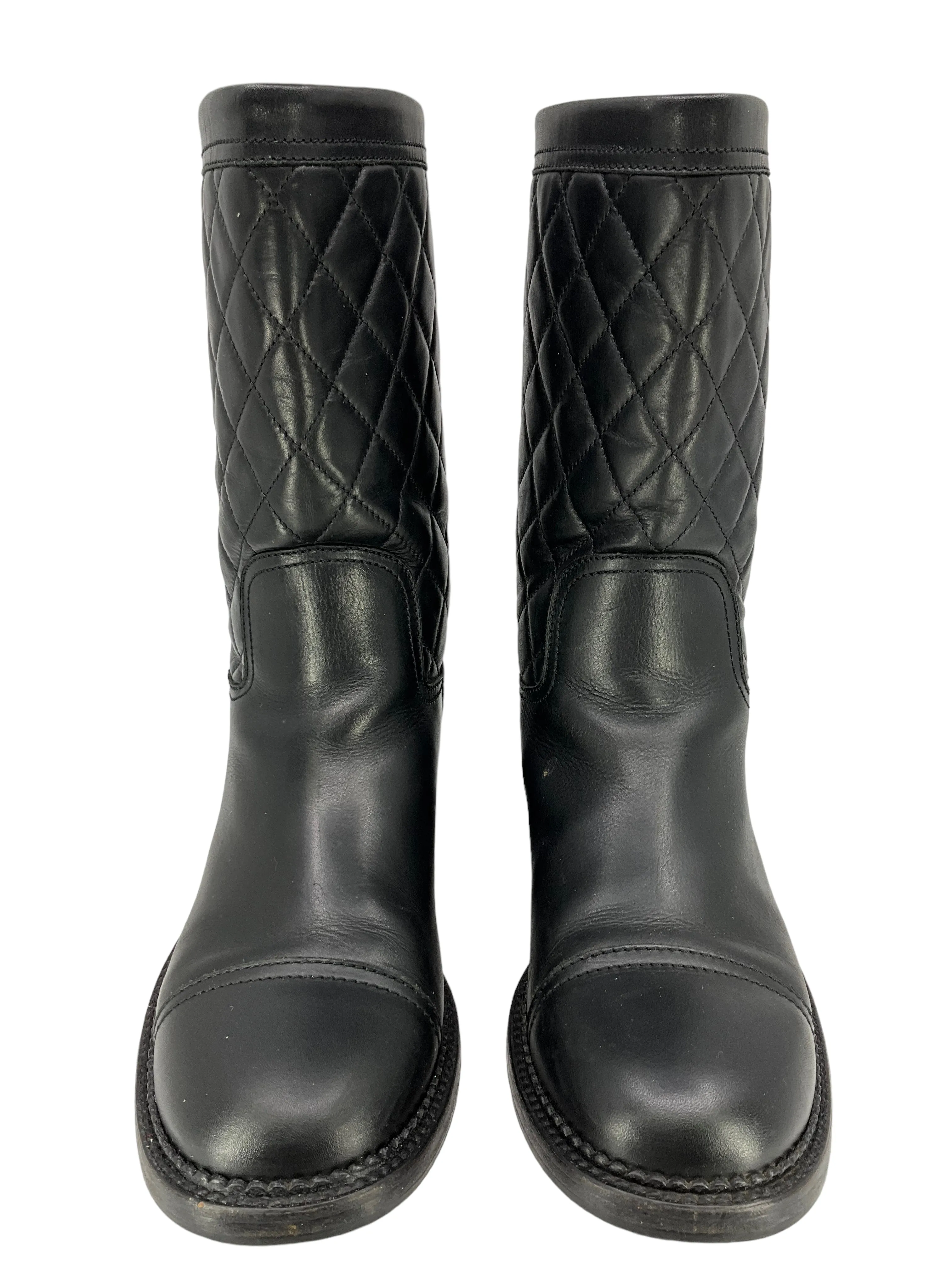 CHANEL Black Calfskin Quilted CC Boots Size 8.5