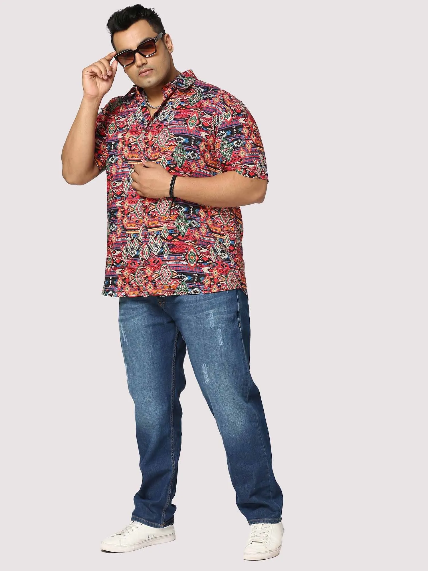 Electro Digital Printed Half Shirt Men's Plus Size