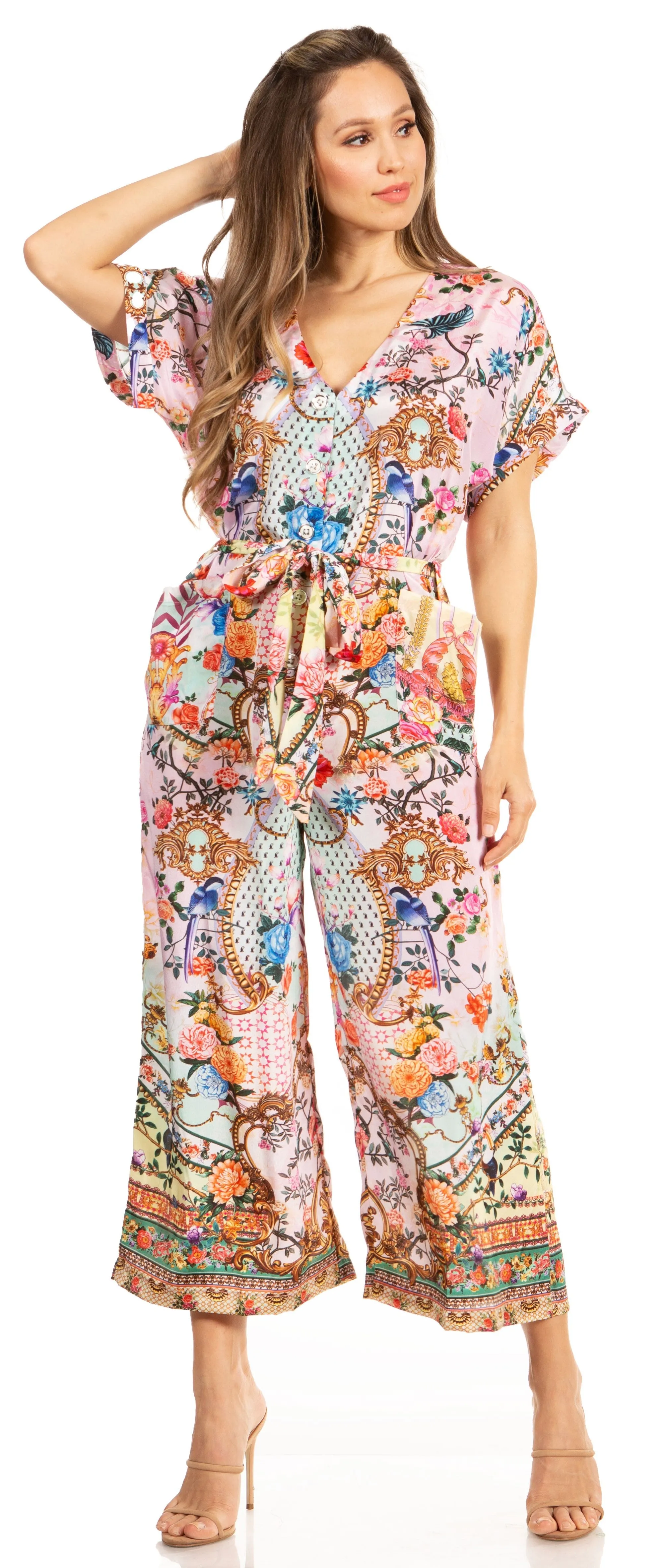 Irise Women's Casual Boho Jumpsuit with Short Sleeves, V-Neck, and Floral Print - Includes Pockets by Sakkas