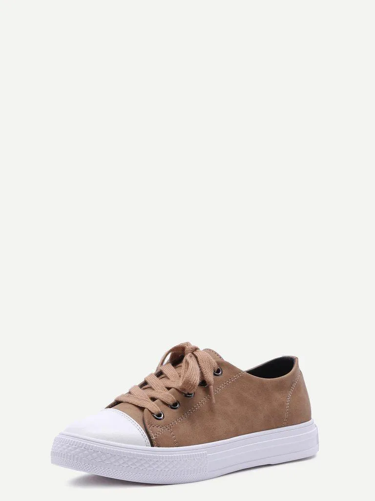 Khaki Lace Up PU Low Top Sneakers