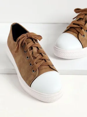 Khaki Lace Up PU Low Top Sneakers