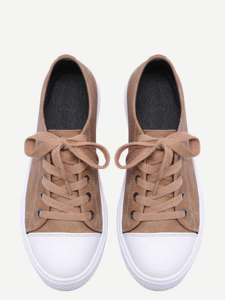 Khaki Lace Up PU Low Top Sneakers