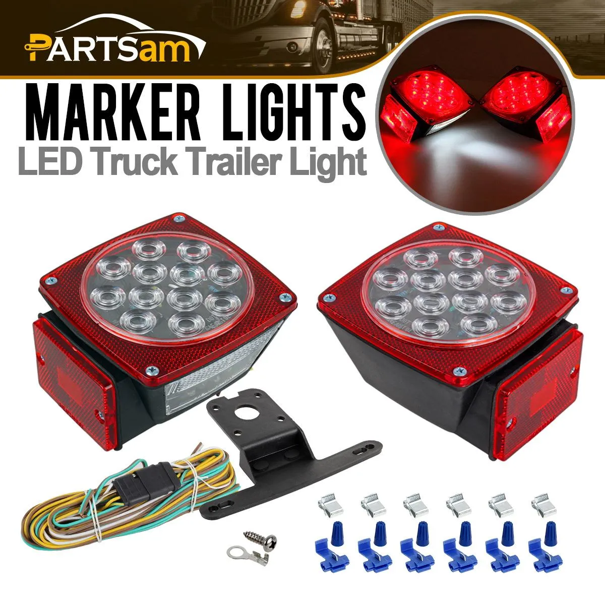 Partsam 12V Waterproof Square LED Trailer Tail Light Kit Clear Lens Red Trailer Brake Stop Tail Turn Signal Running Lights License Kit for Camper Truck RV Boat Trailer Snowmobile Marine Under 80inch