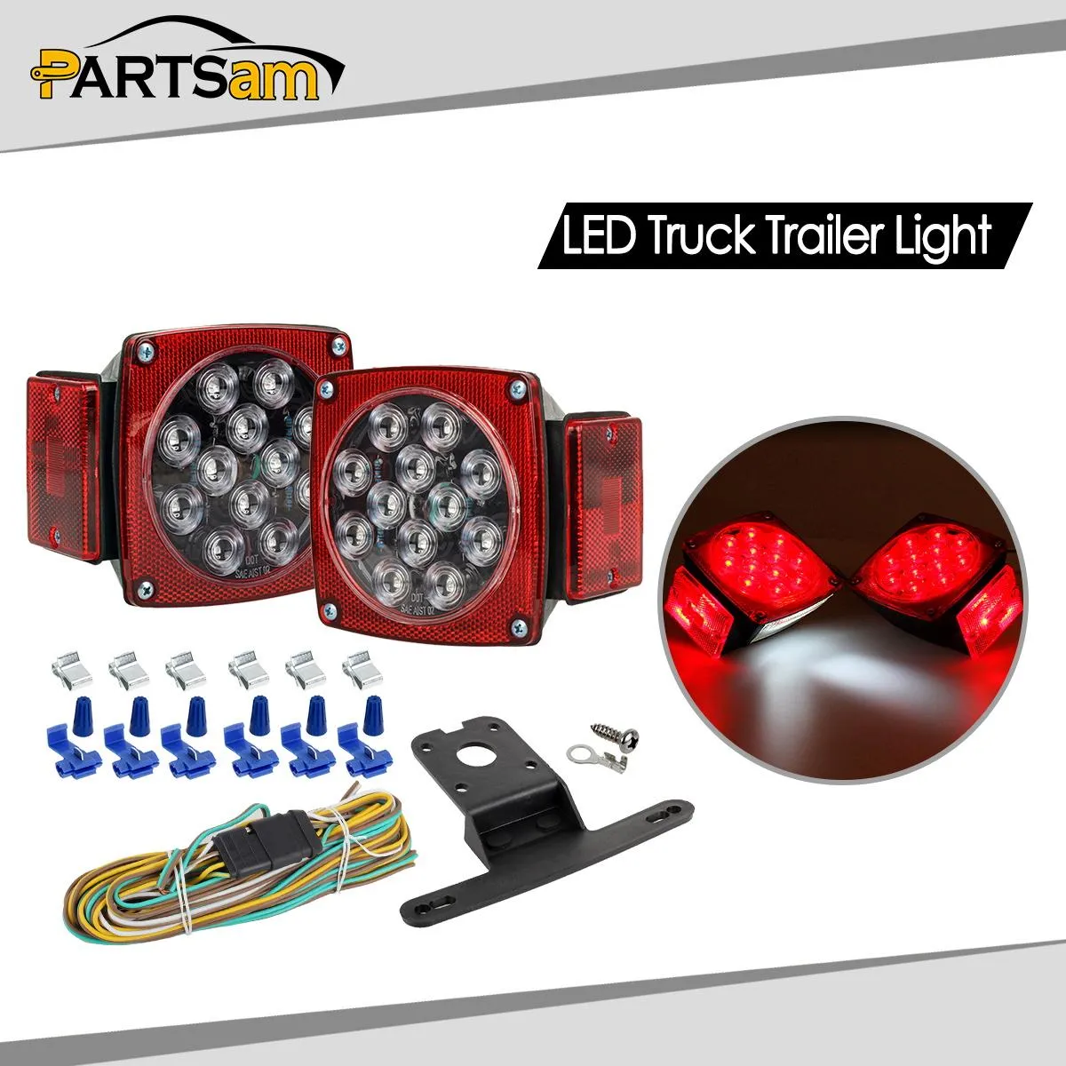 Partsam 12V Waterproof Square LED Trailer Tail Light Kit Clear Lens Red Trailer Brake Stop Tail Turn Signal Running Lights License Kit for Camper Truck RV Boat Trailer Snowmobile Marine Under 80inch