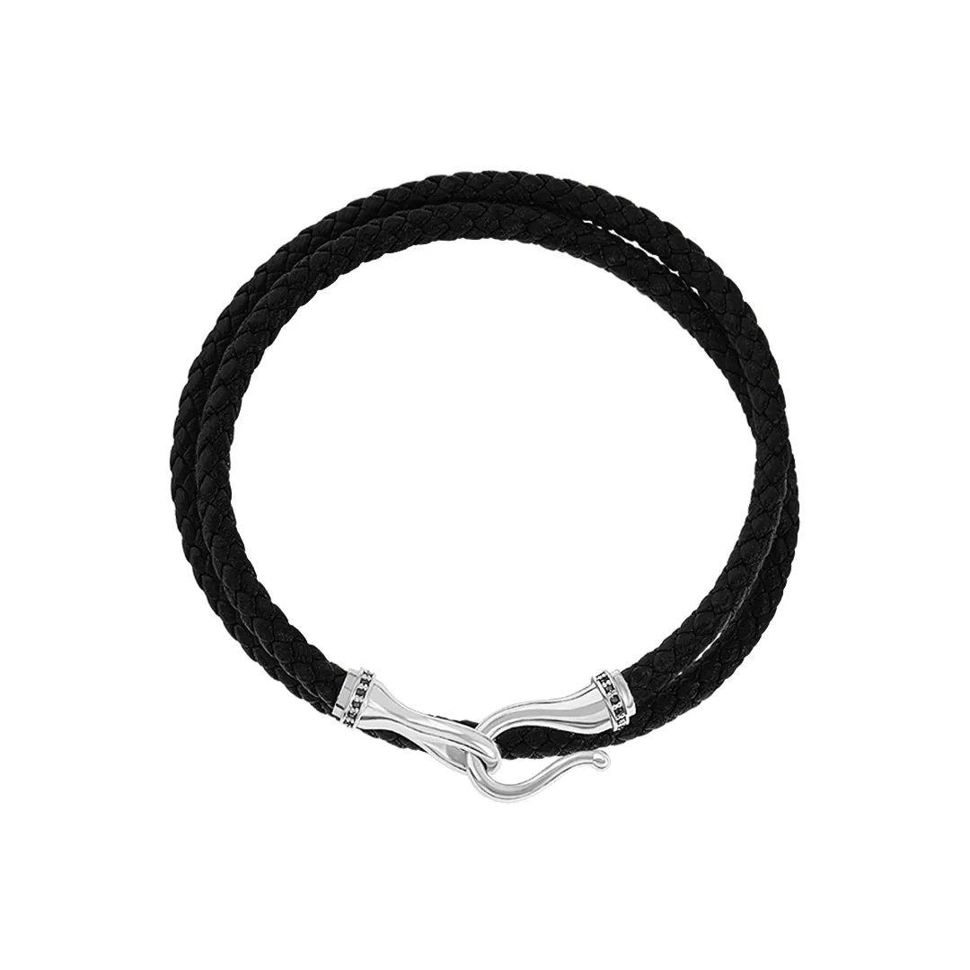 Pave Fish Hook Wrap Leather Bracelet in Silver