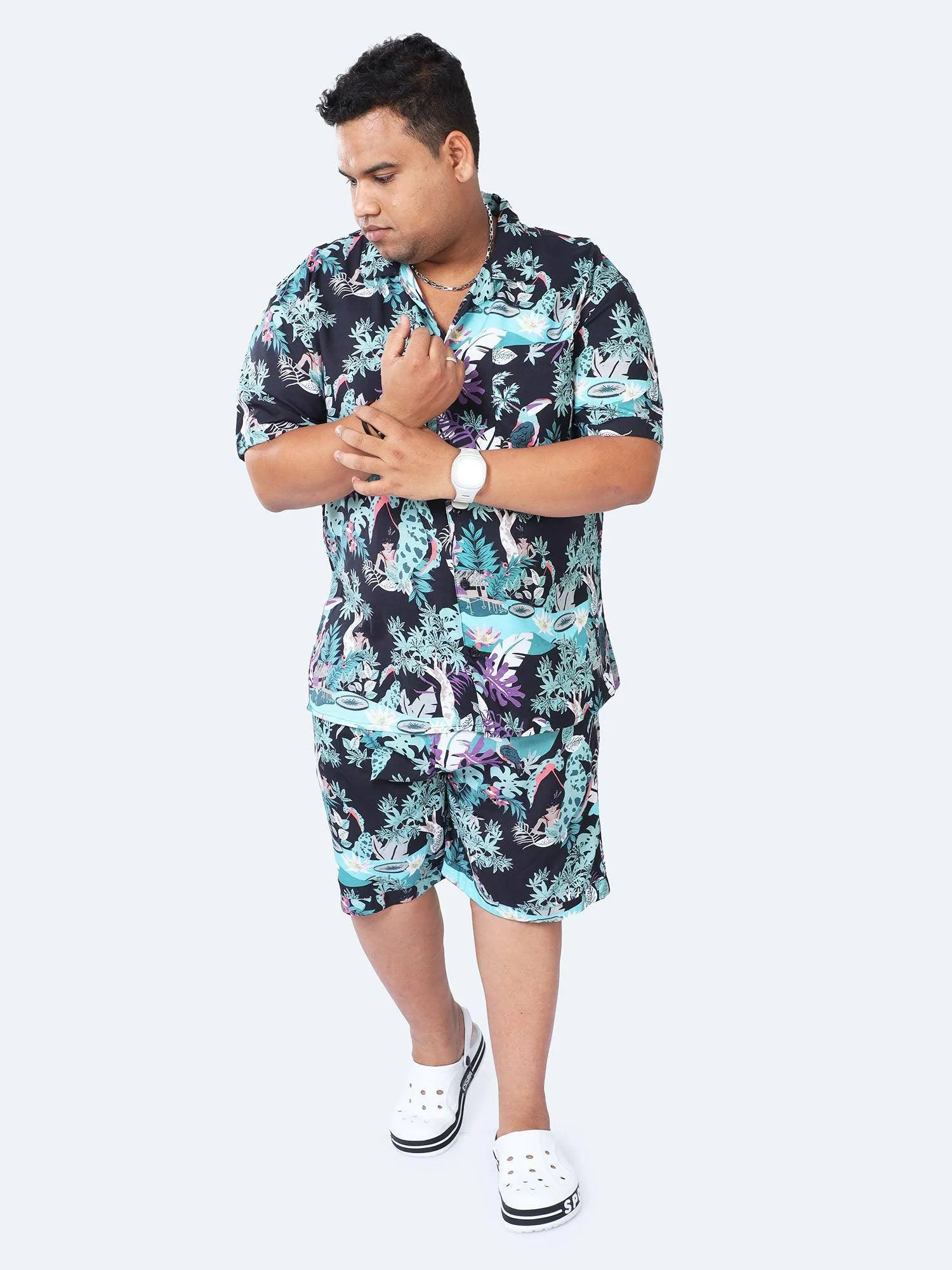 Plus Size Men Jungle Paradise Printed Half Sleeve Co-Ords