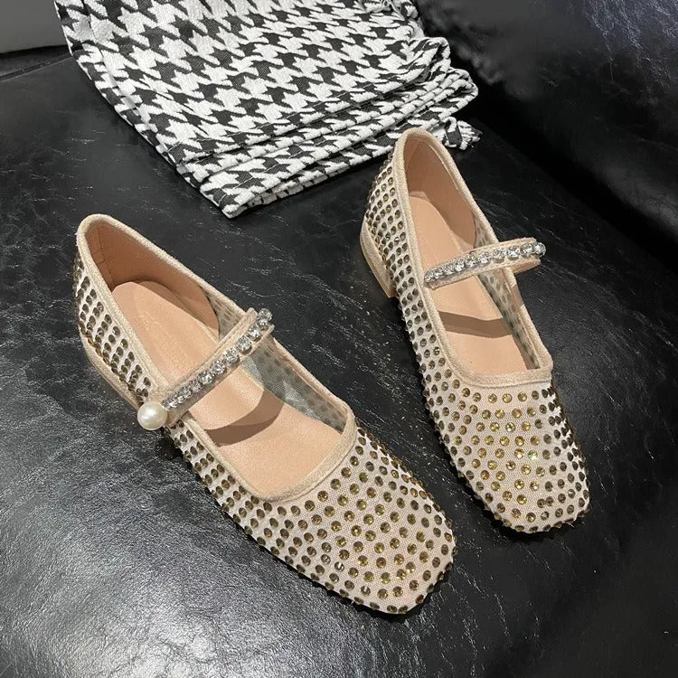 Pre Order:  Mesh Rhinestones Square Toes Shoes