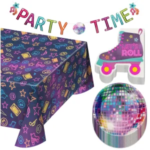 Retro Vibes 70's Disco & Roller Skate Paper Dessert Plates, Shaped Napkins, Table Cover, and Garland (Serves 16)