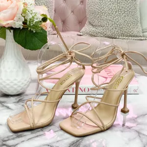 Take Me Downtown Lace Up Heels: Nude