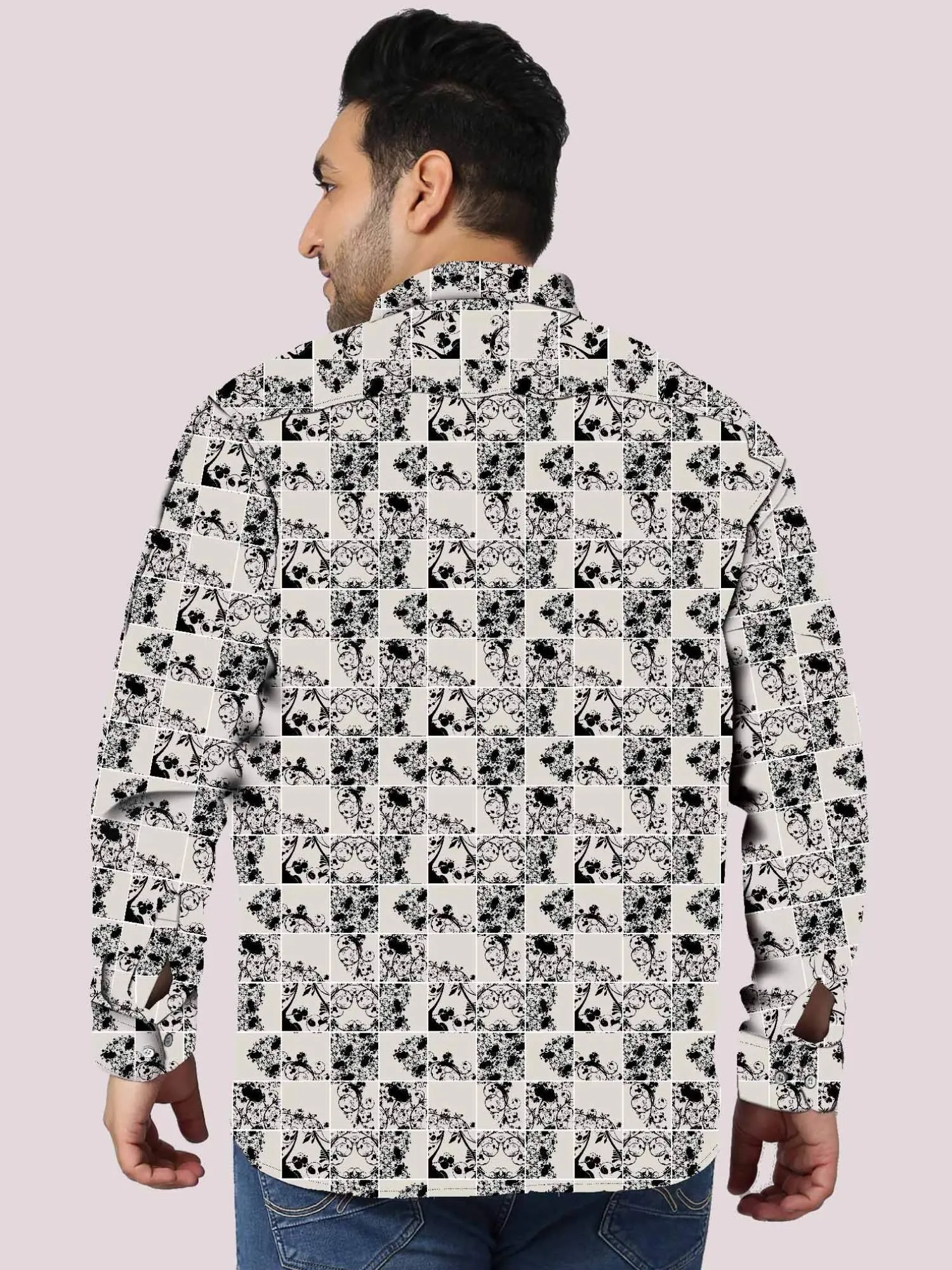 Vector Flower Black Digital Printed Full Sleeve Shirt Men's Plus Size